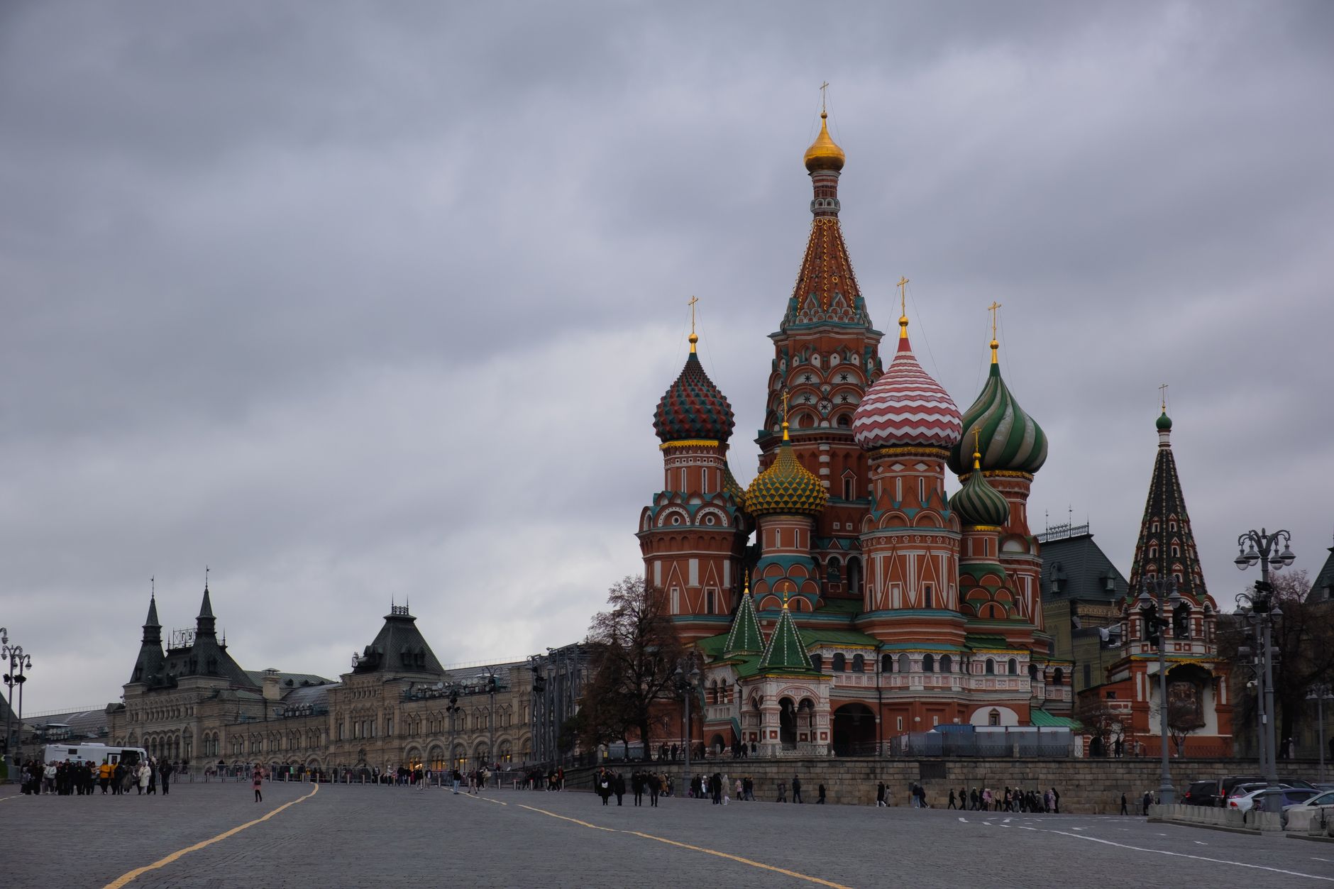 Iconic St. Basil's Cathedral on a cloudy day in Red Square, Moscow, Russia.