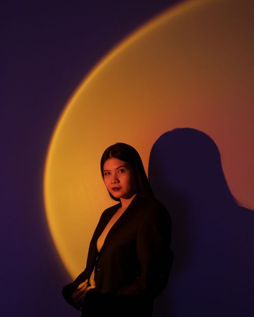 Free Elegant woman posing in shadowy room with dramatic spotlight effect. Stock Photo