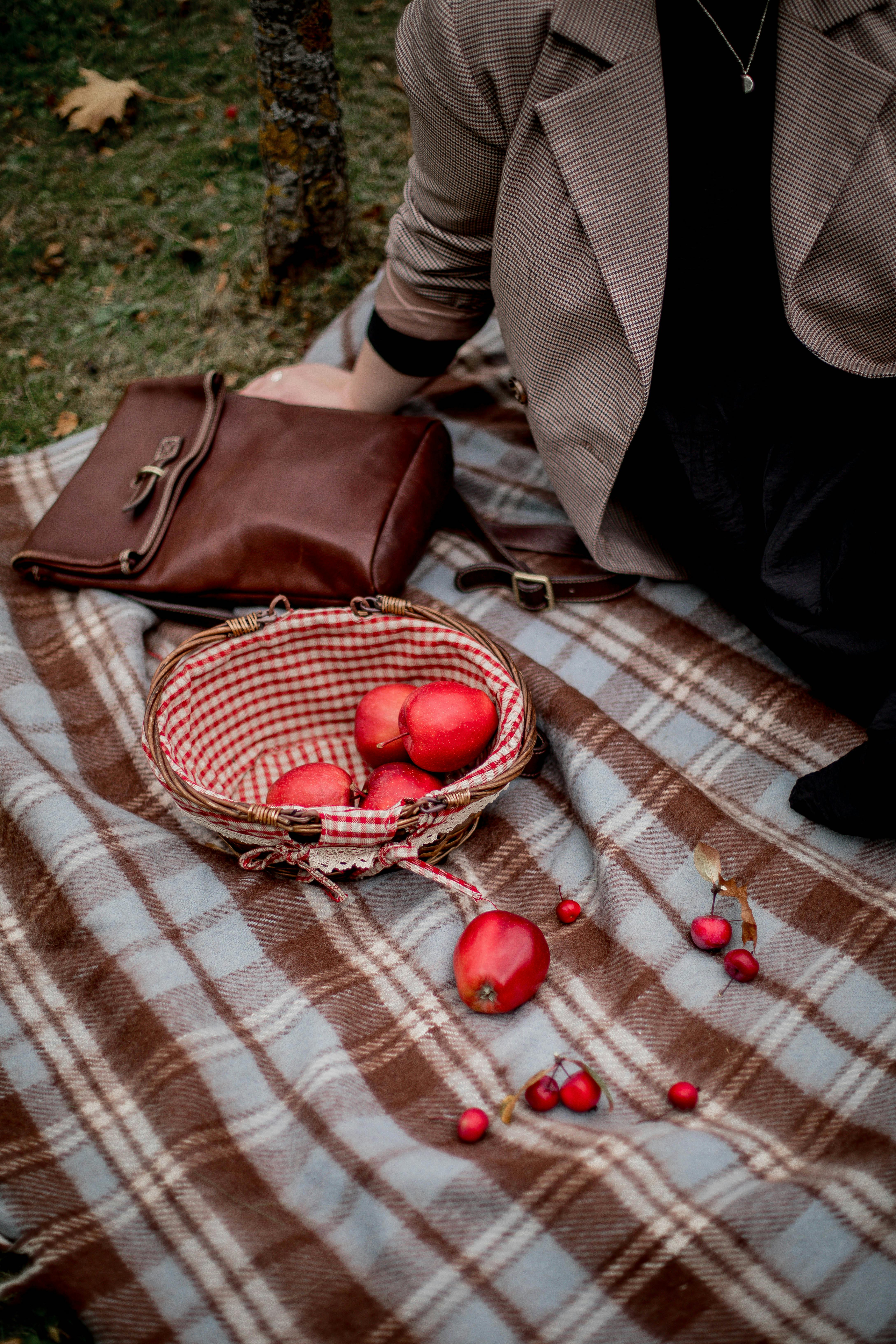 A cozy autumn picnic setup with apples on a plaid blanket and a basket.
