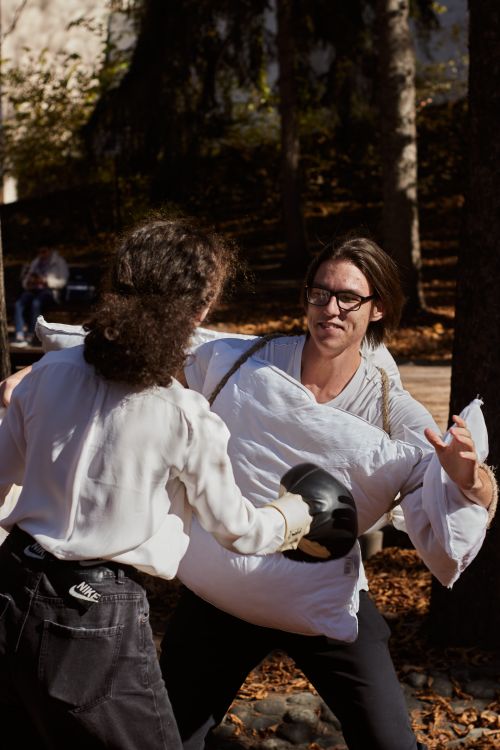 Free Two adults having a playful pillow fight outdoors in a sunny park setting. Stock Photo