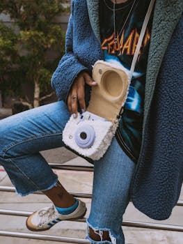 Fashionable street style featuring an instant camera in Los Angeles.