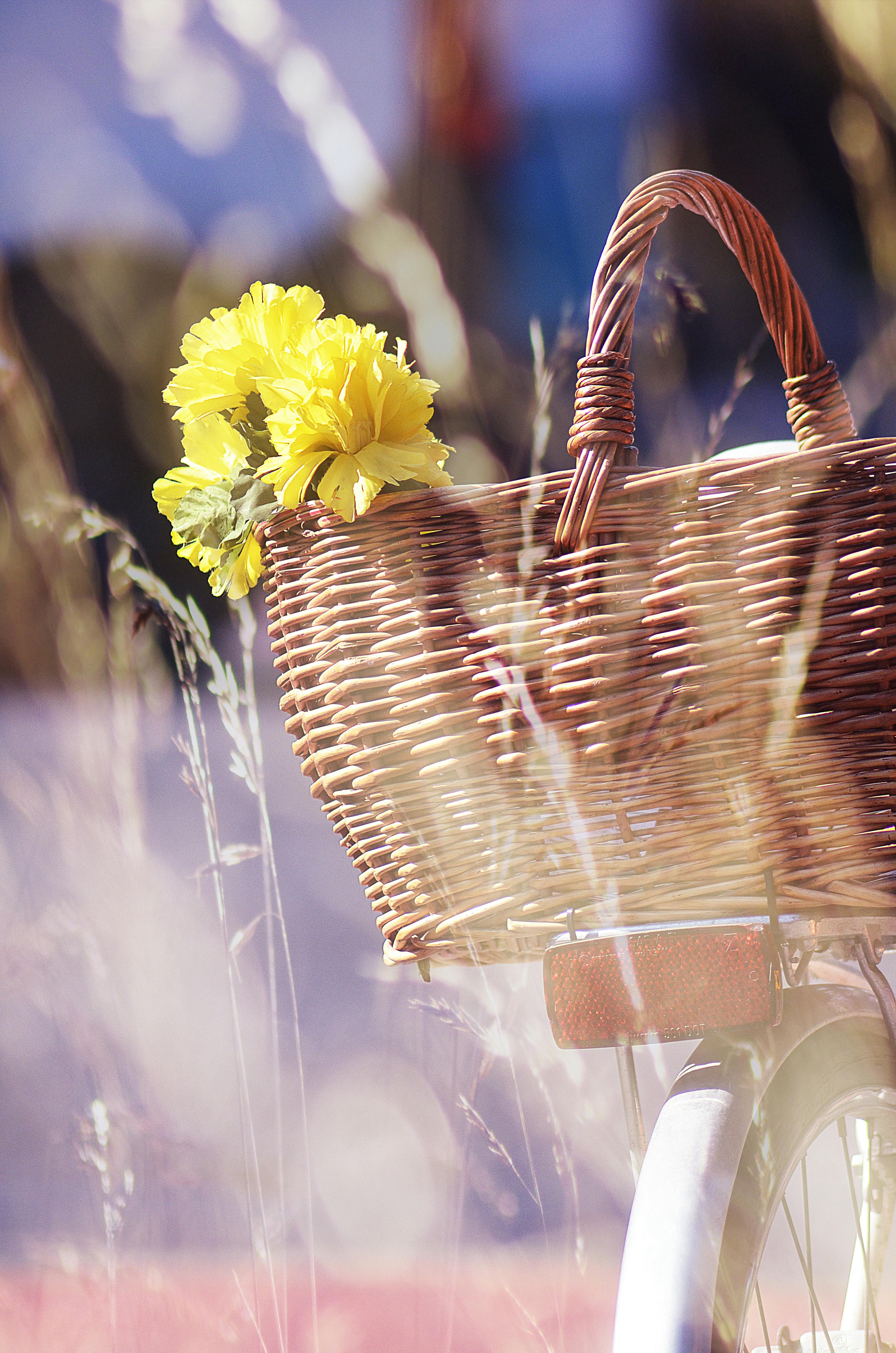 brown wicker basket and yellow flowers