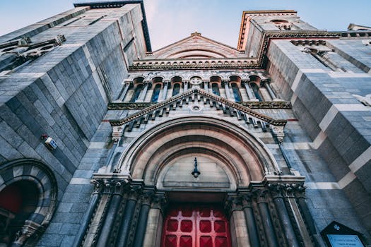 Stunning low angle view of a historic Gothic cathedral facade in Dublin, Ireland.