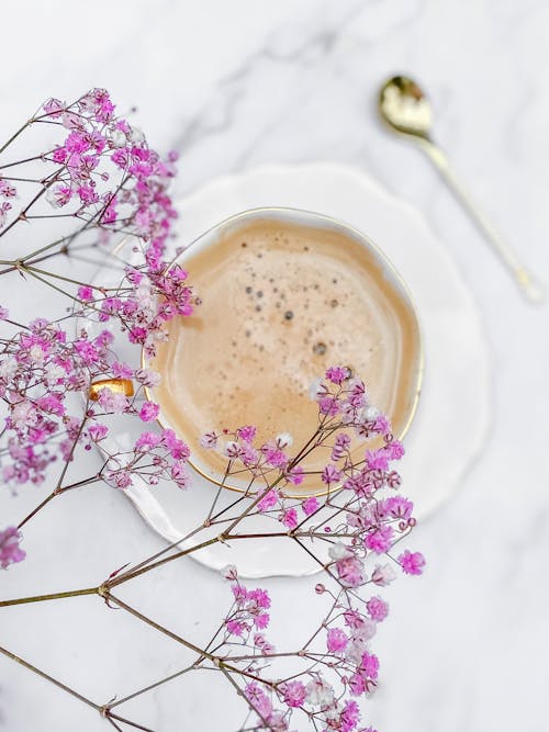 Overhead View of Pink Gypsophila and Coffee Cup