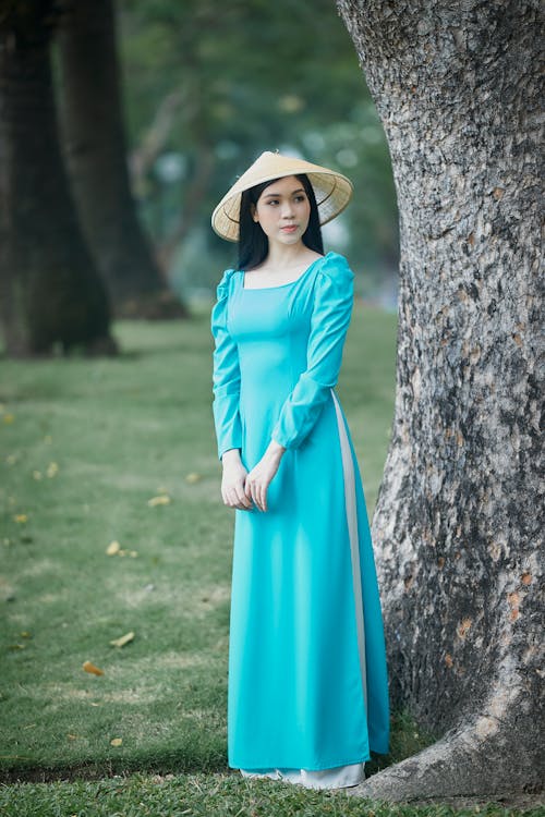 Free Portrait of Woman in Long Blue Dress and Asian Conical Hat Standing by Tree Trunk Stock Photo