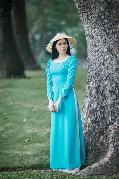 Free A woman in a traditional blue dress and conical hat stands elegantly by a tree outdoors. Stock Photo