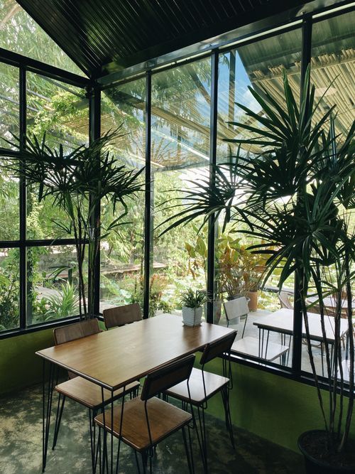 Free Bright restaurant interior with glass panels and lush plants creating a cozy ambiance. Stock Photo