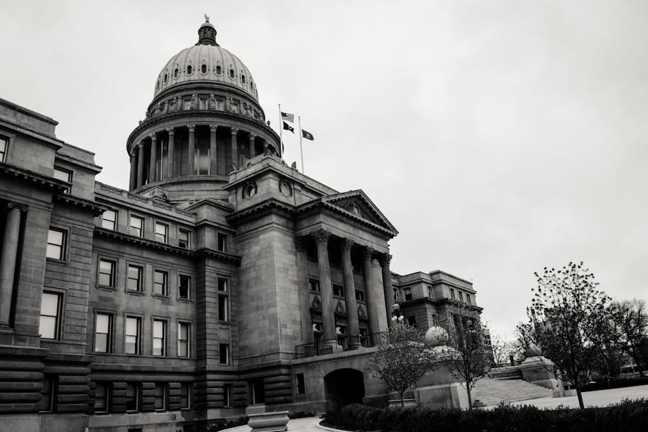Monochrome image of a historic Capitol building with grand architecture and a prominent dome.