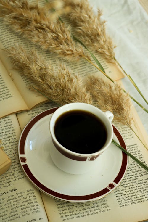 A Cup of Coffee and Pampa Grass Flowers on Books