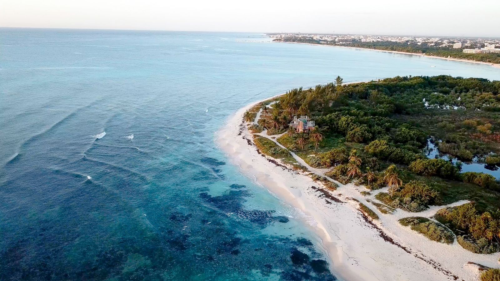Aerial view of white-sand Caribbean beach and turquoise water in Playa del Carmen