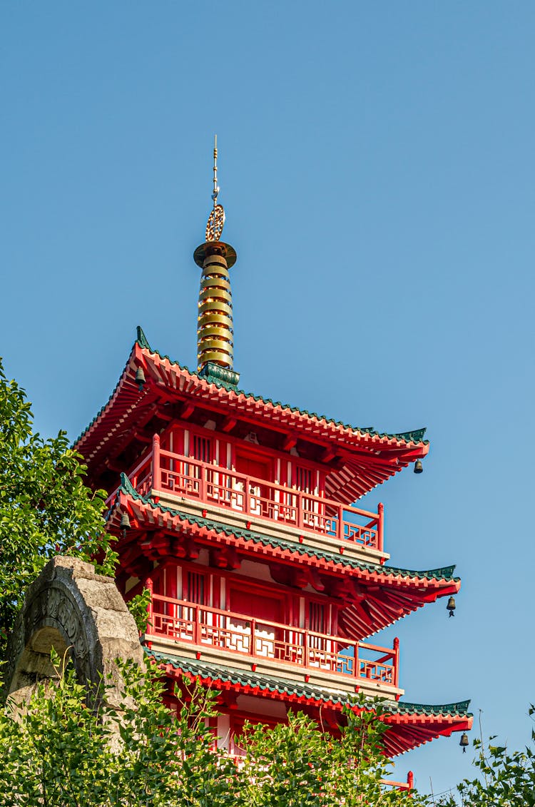 Red Japanese Tower Under Blue Sky