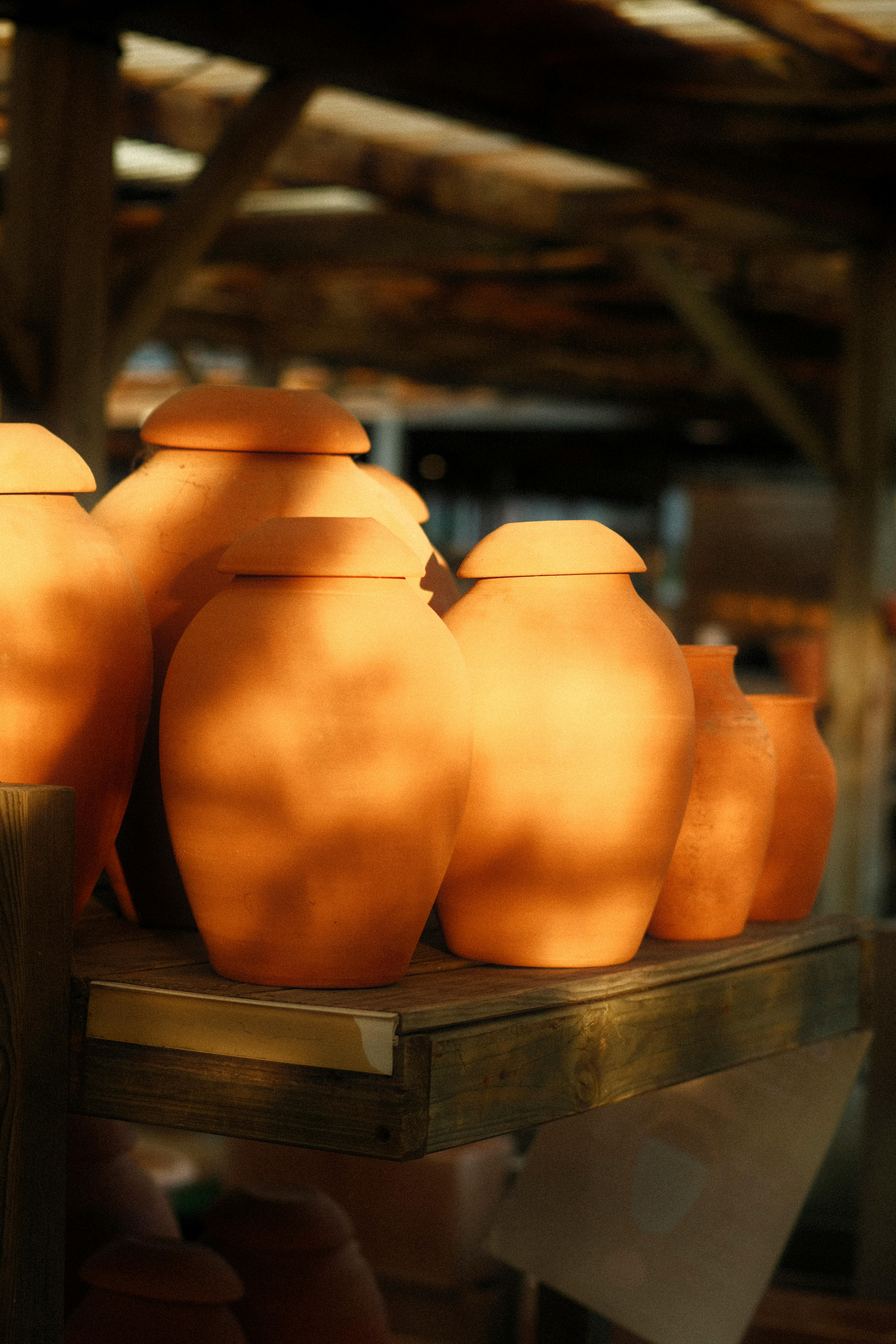Warm sunlight casts soft shadows on terracotta vases in a rustic craft workshop.