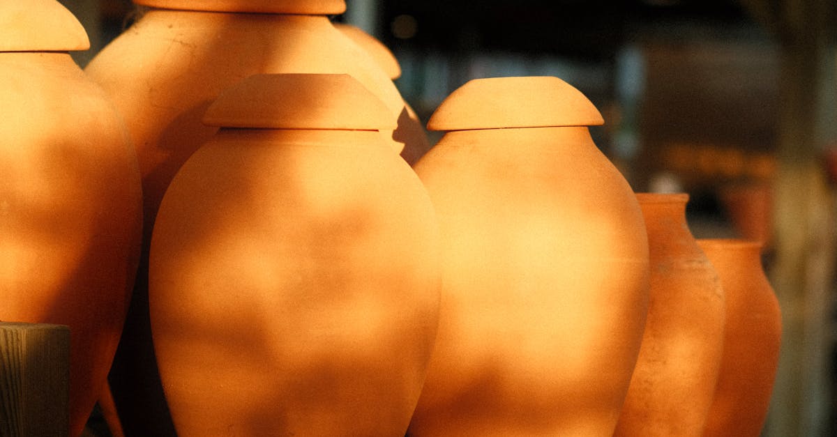 Warm sunlight casts soft shadows on terracotta vases in a rustic craft workshop.