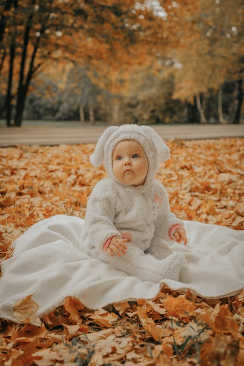 Baby in Bunny Suit Sitting on Blanket Outdoors