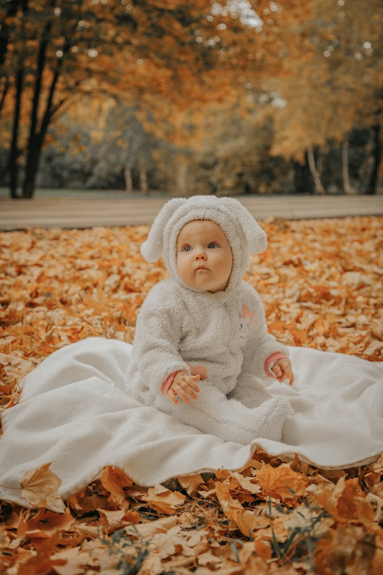 Baby In Bunny Suit Sitting On Blanket Outdoors