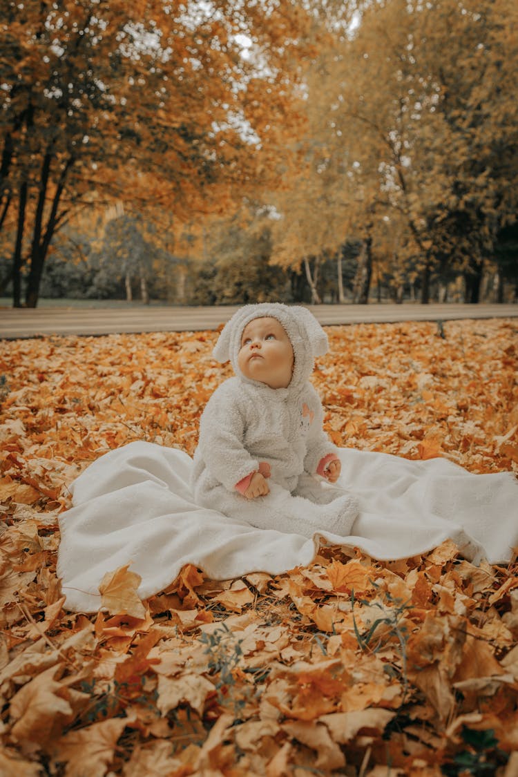 Baby In Bunny Onesie Sitting On Blanket Surrounded By Leaves