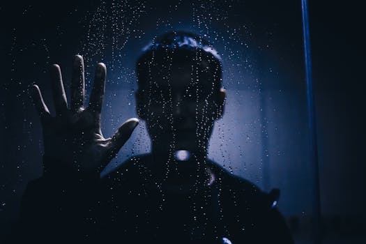 Silhouette of a person with hand against a rain-covered glass, evoking mystery and introspection.