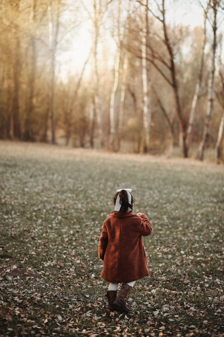 Rear View On Small Kid In Forest