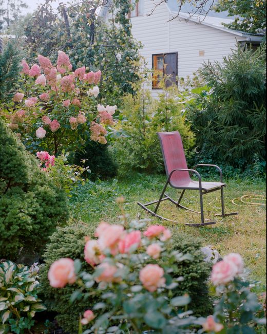 Peaceful garden scene in Moscow featuring vibrant blooms and a solitary rocking chair.