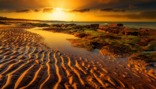 Free Beautiful sunrise over a beach with stunning rock formations and rippling sand patterns. Stock Photo