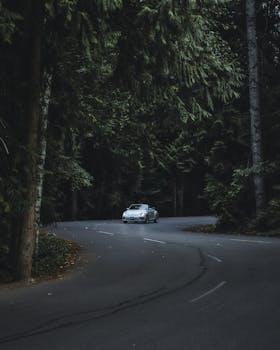 A sleek convertible car navigates a winding forest road in Scotch Creek, BC, Canada.