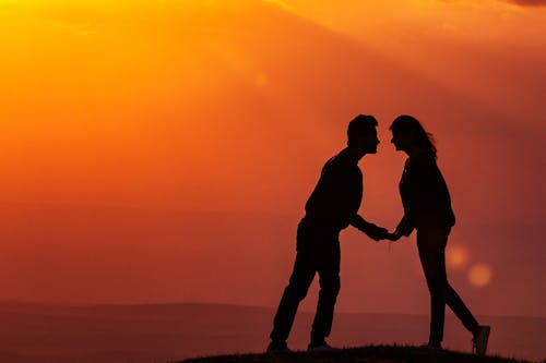 Silhouette of Man and Woman Kissing during Sunset