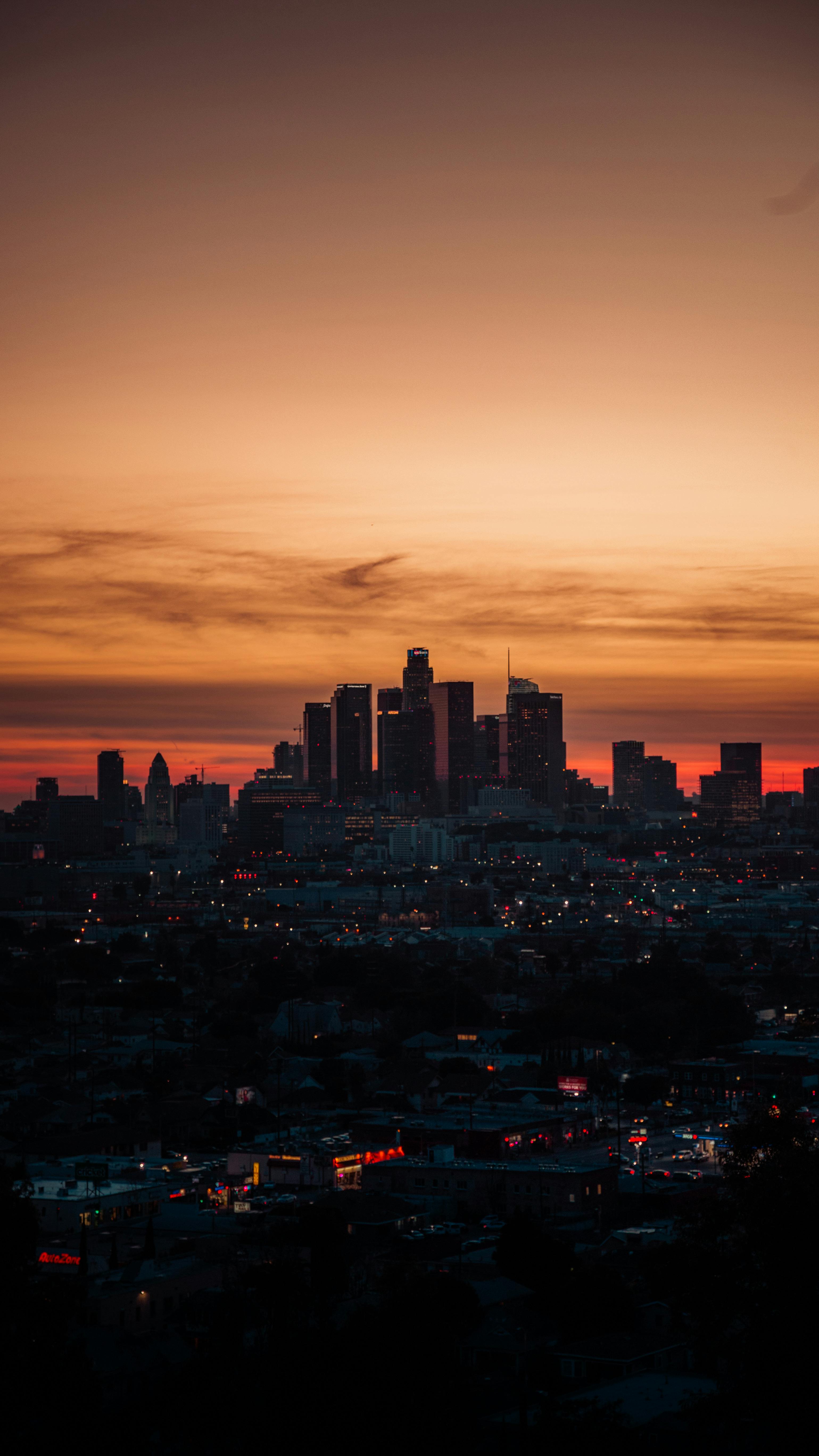 Capture of the Los Angeles skyline at sunset, beautifully highlighting the bustling cityscape.