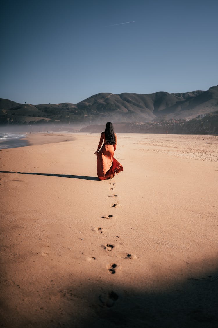 Rear View Of Woman In Long Brown Dress Walking On Beach