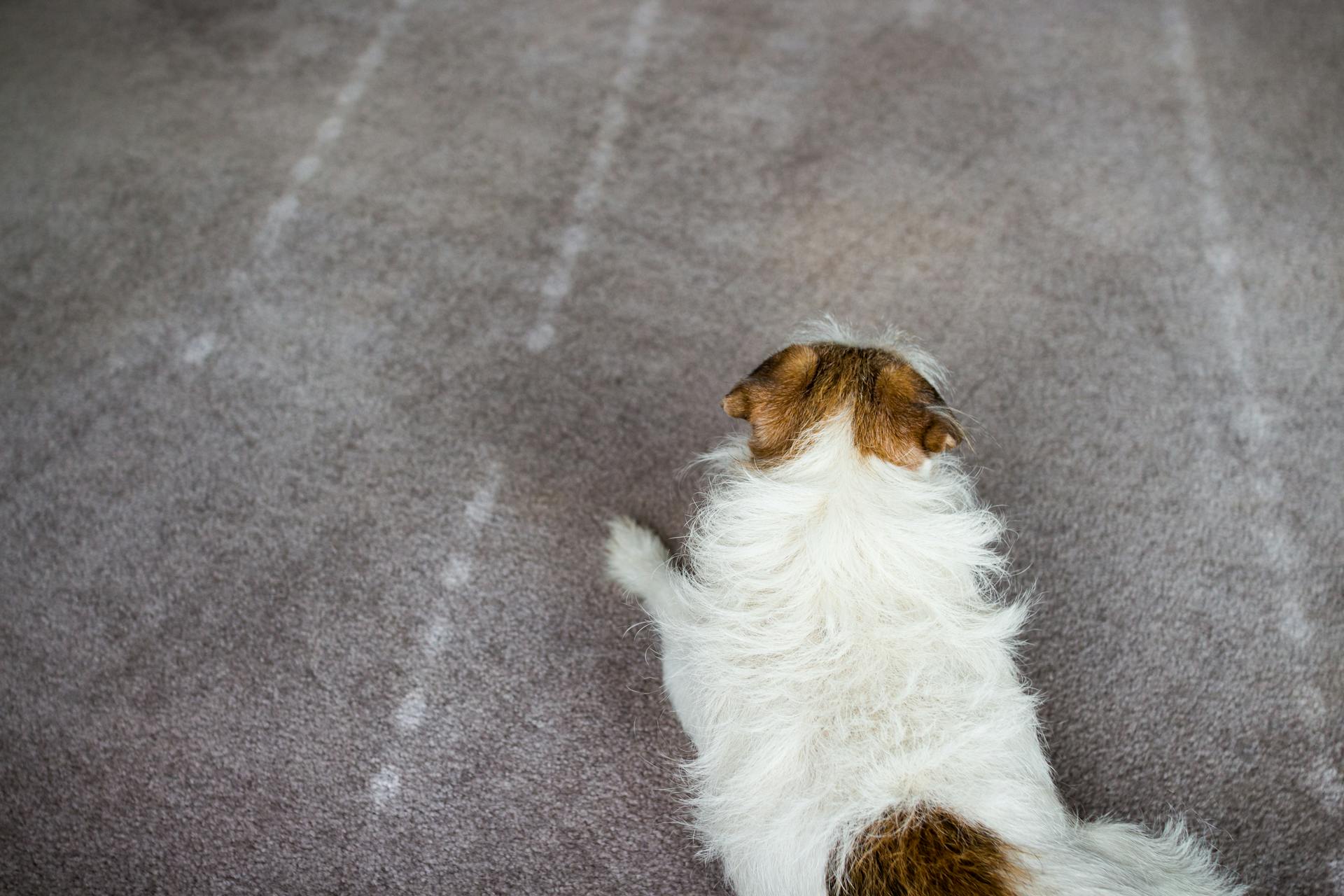 Medelbrun och vit hund liggandes på grått golv