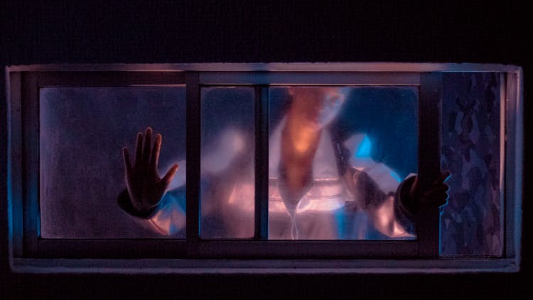 Woman Standing Behind Sliding Glass Window