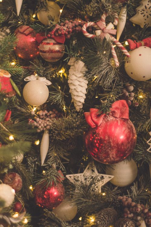 Free Close-up of a decorated Christmas tree with red ornaments, pine cones, and twinkling lights. Stock Photo