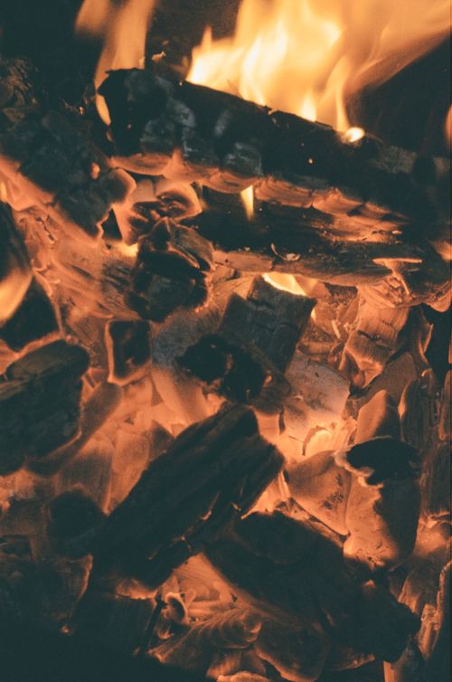 Free Close-up view of glowing embers and flames on a campfire, outdoors at night. Stock Photo