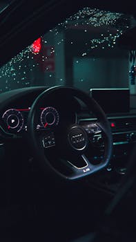 Close-up of a luxury car's interior with moody lighting and rain speckles on the windshield.
