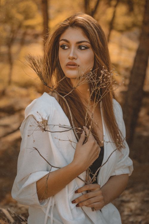 Free A woman in a white shirt holding twigs, set against an autumn forest backdrop. Warm tones enhance the serene mood. Stock Photo