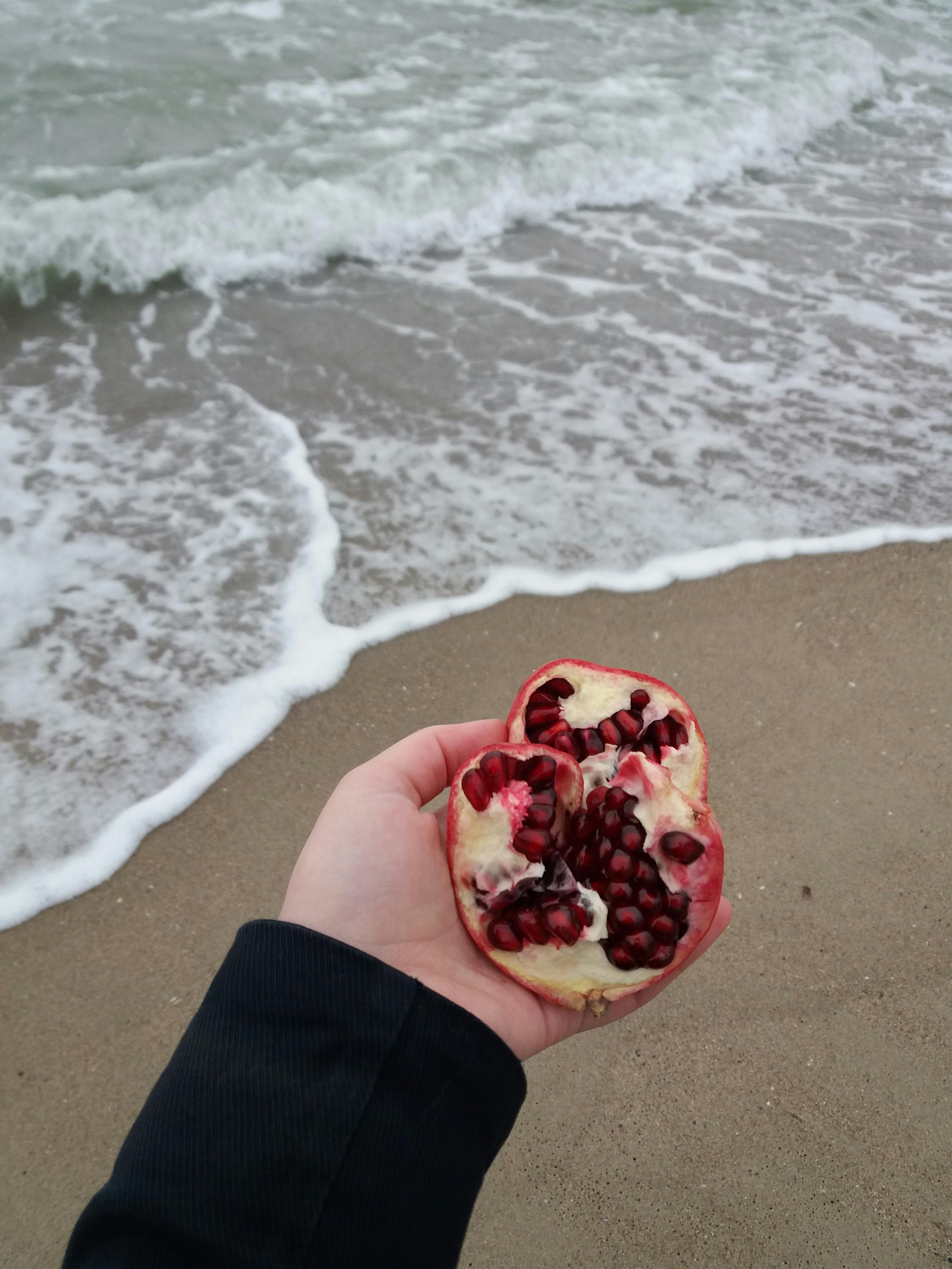 Close-up of a hand holding a fresh pomegranate with ocean waves in the background.
