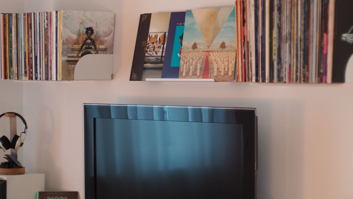Living room with a television and vinyl records displayed on shelves