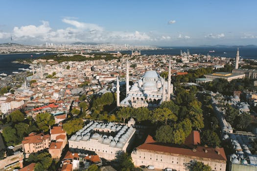 Captivating aerial view of Istanbul showcasing the iconic Blue Mosque amidst historic architecture.