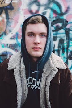 涂鸦背景前，一位身穿连帽衫和夹克的年轻人，时尚感十足