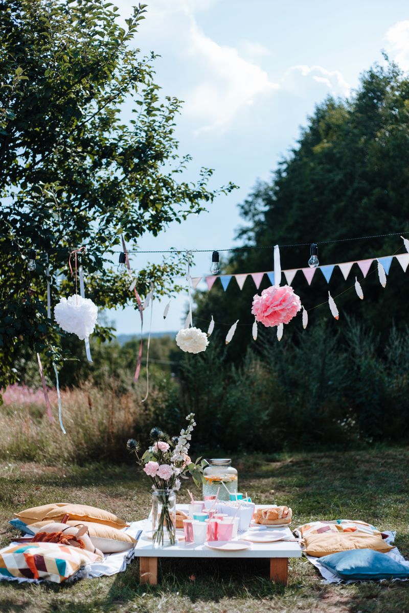 Party table set up in a yard with food and decor