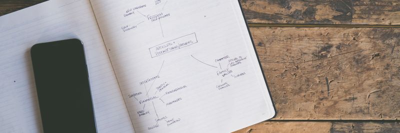 Top view of a notebook with notes and a smartphone on a rustic wooden table.