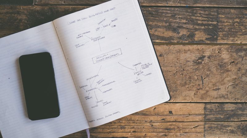Top view of a notebook with notes and a smartphone on a rustic wooden table.
