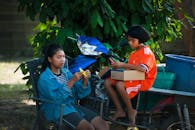 两个孩子在树下骑着滑板车，享受户外休闲时光