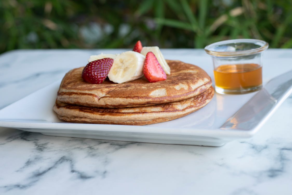 Free Pancakes With Strawberry and Bananas Stock Photo