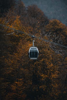 A cable car rides through vibrant autumn foliage in the mountains of Krasnodar, Russia.