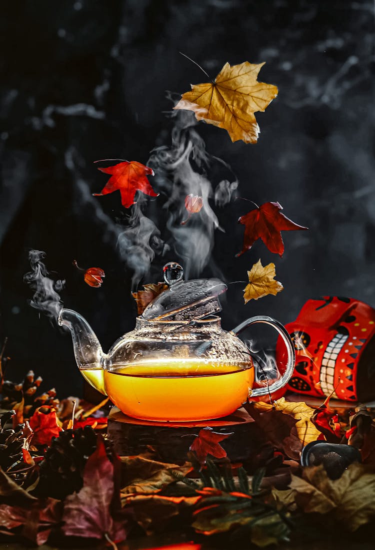 Steaming Hot Tea On A Glass Teapot