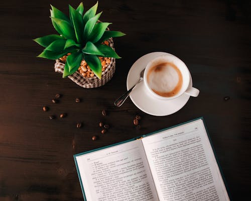 White Ceramic Mug on Saucer Near Book