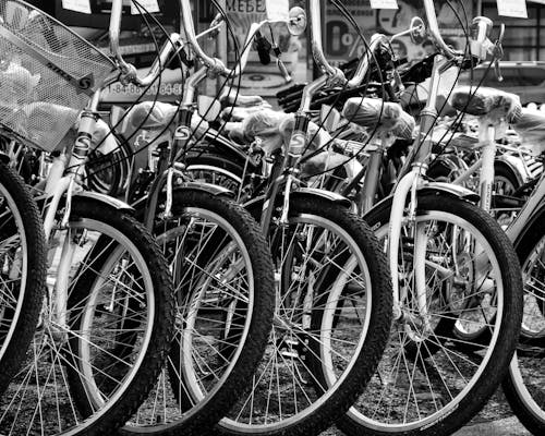 Grayscale Photo of Bicycles