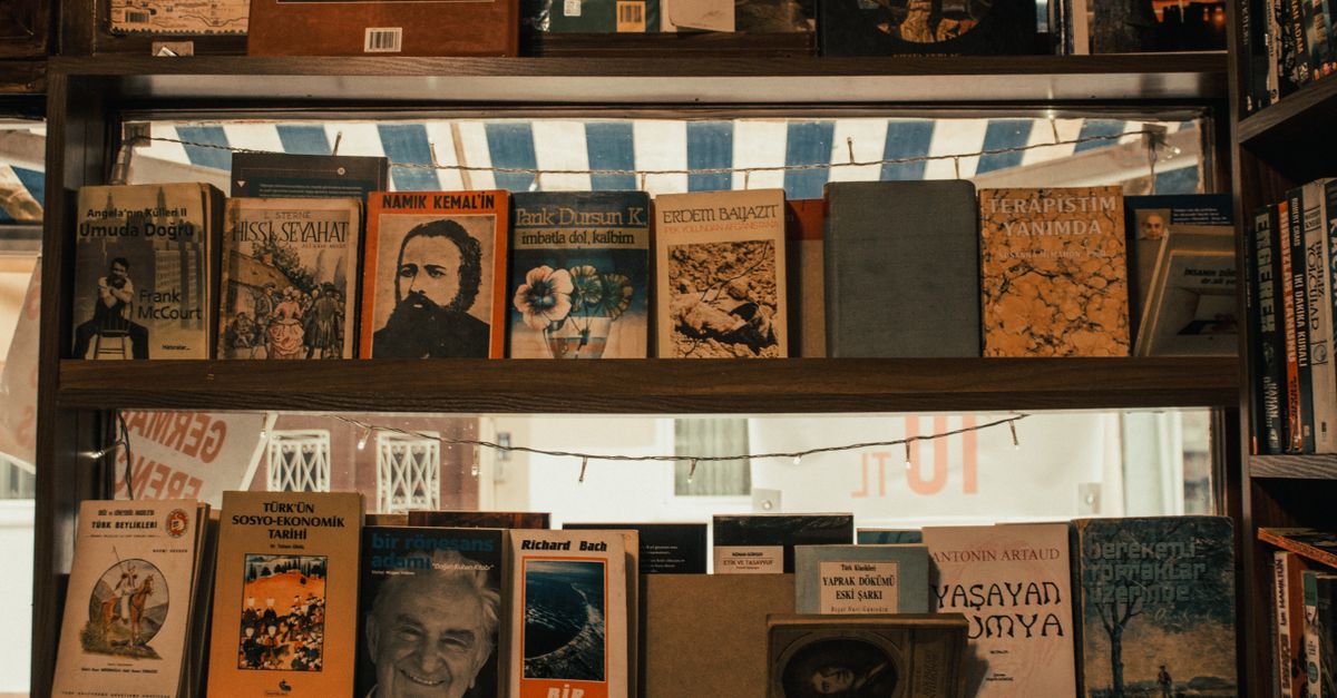 A cozy bookstore shelf packed with assorted books and string lights in a warm atmosphere.