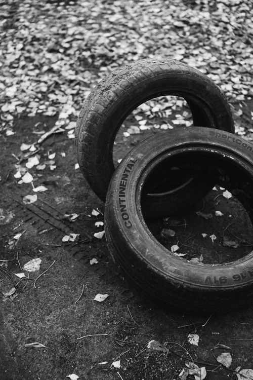 Free Moody black and white image of abandoned tires on leaf-strewn ground. Stock Photo