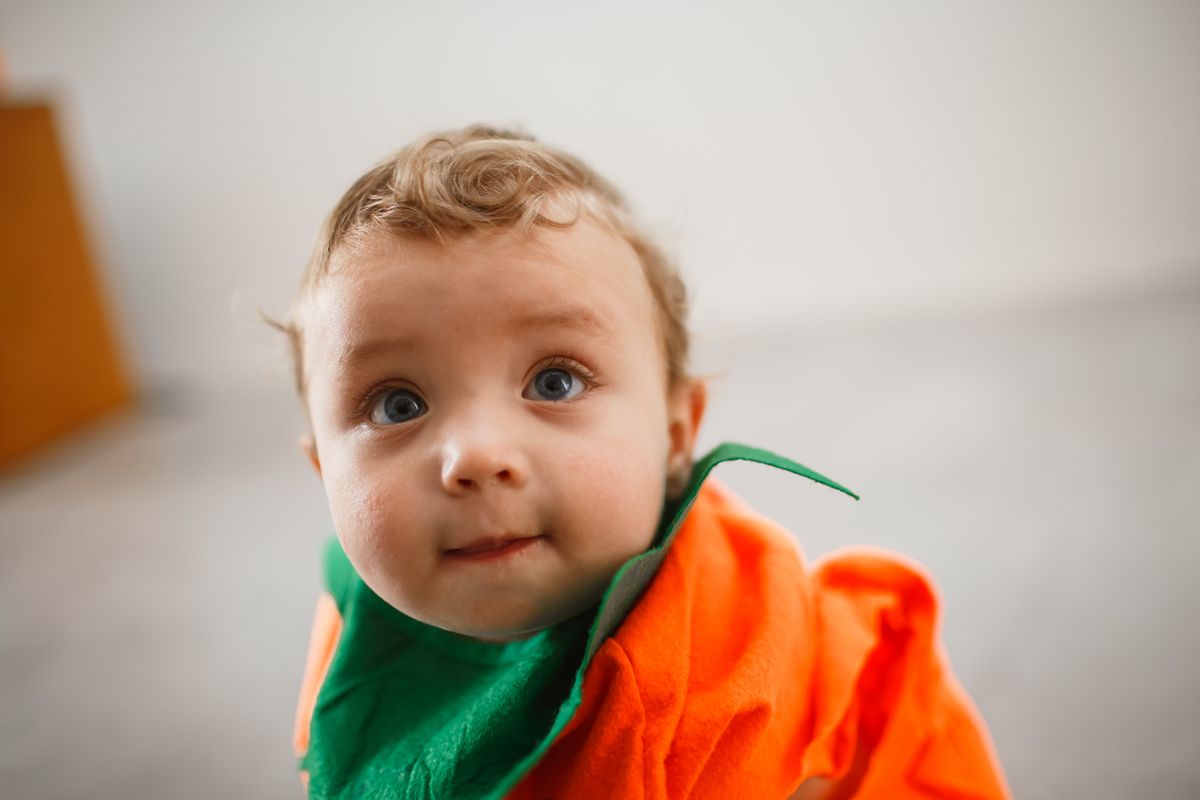 Toddler in an orange pumpkin costume with a green collar